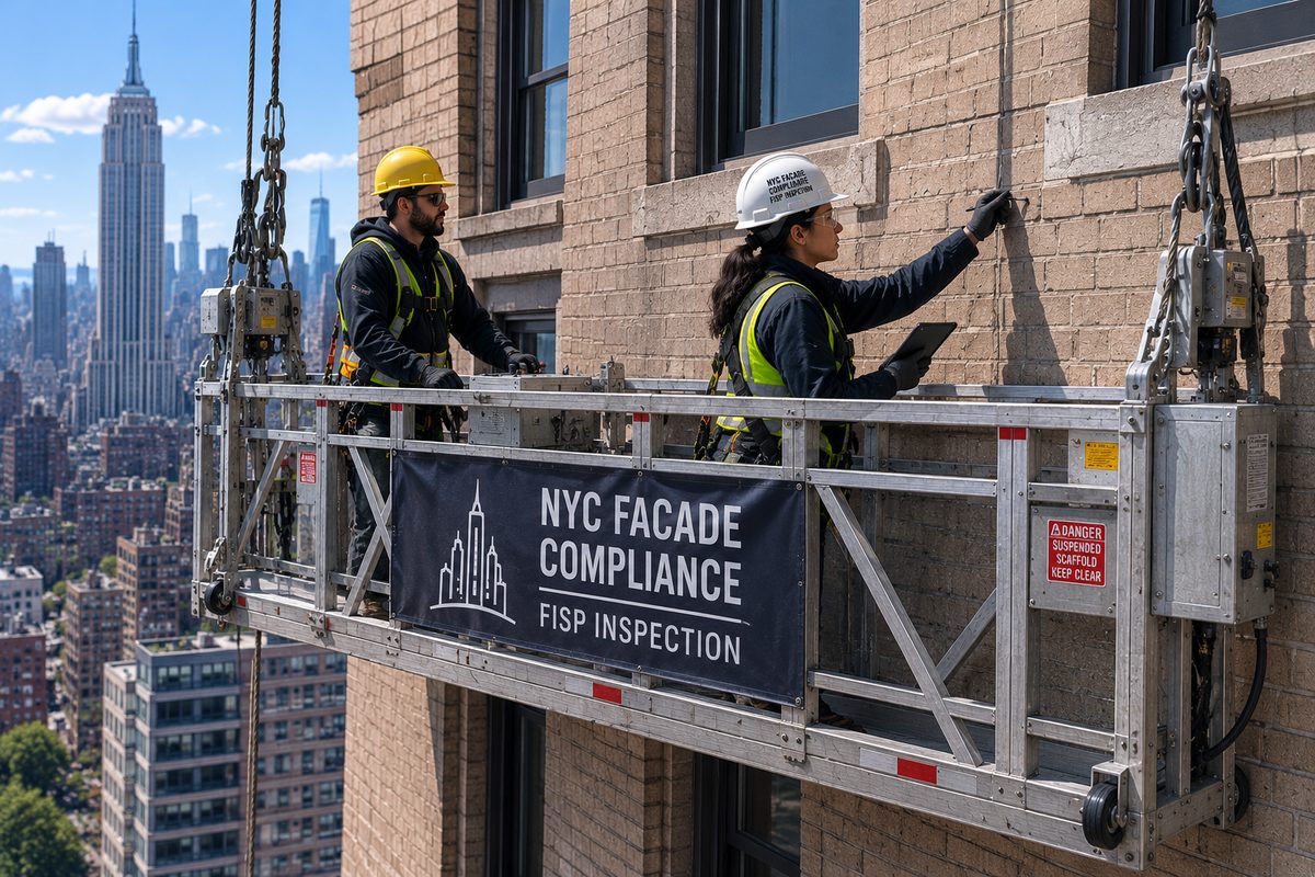 QEWI inspection crew on a suspended platform performing a FISP facade inspection in New York City